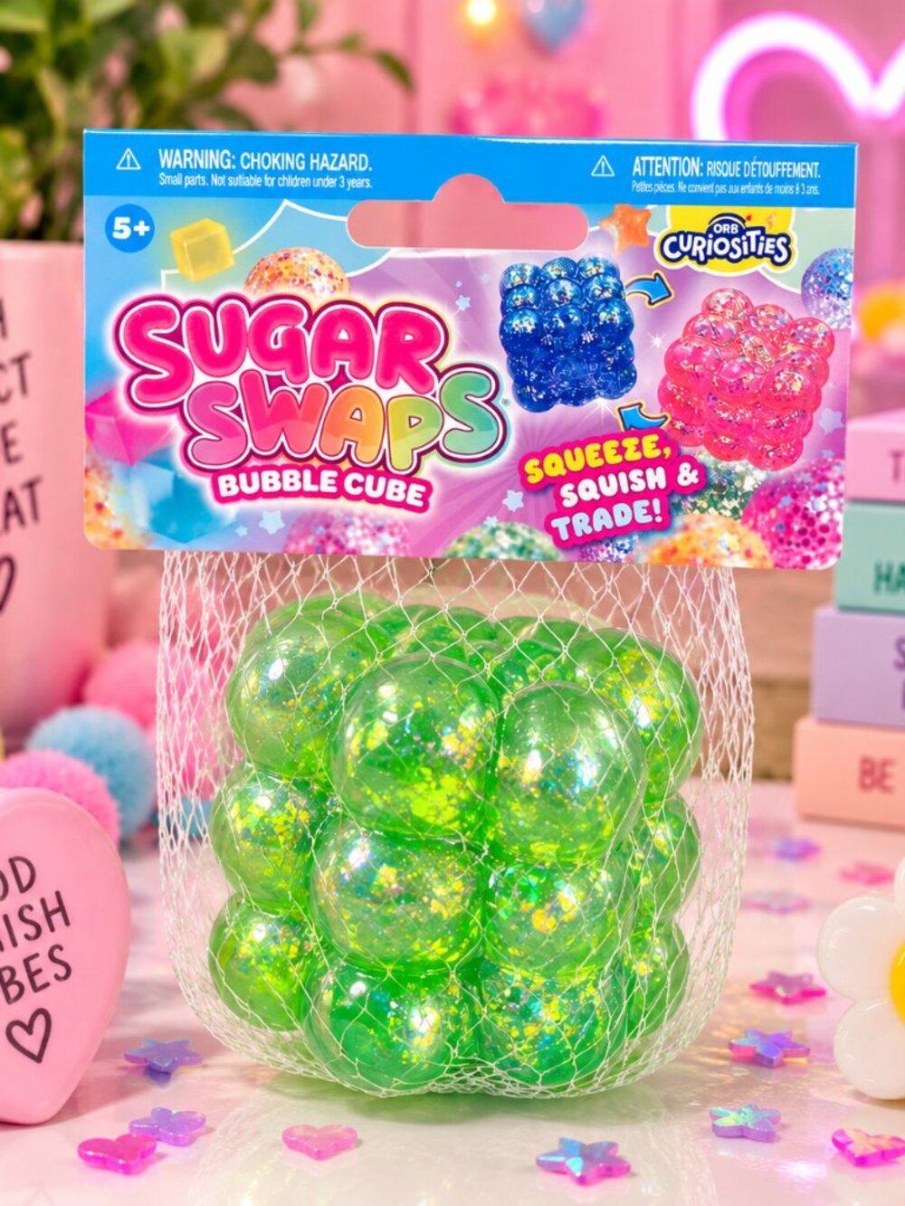ORB Sugar Swaps Bubble Cube Green Glitter Squishy Fidget NEW